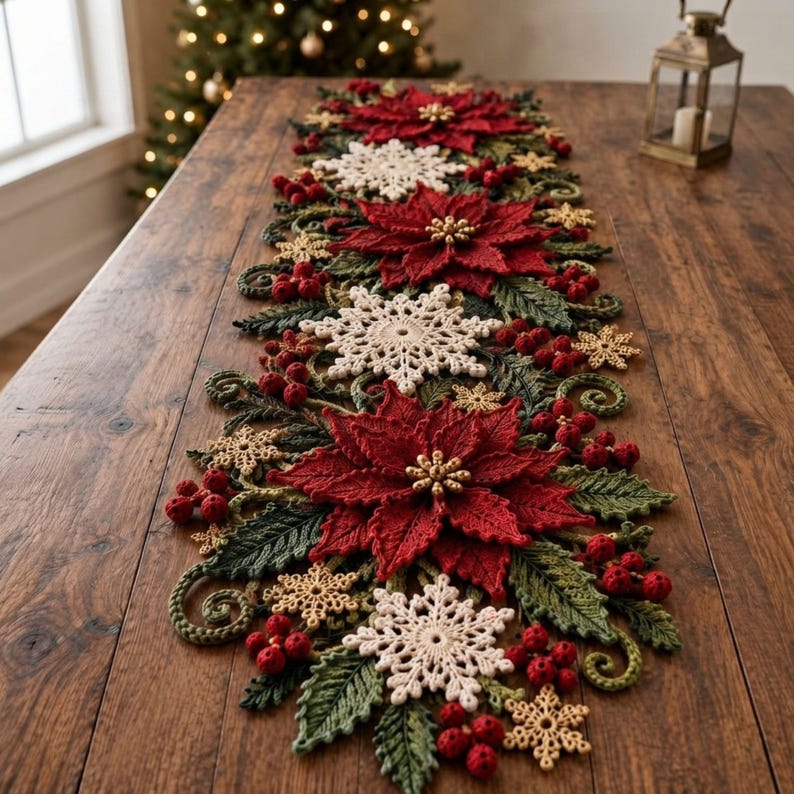 Poinsettia Snowflake Table Runner Crochet Pattern PDF, 3D Christmas ...