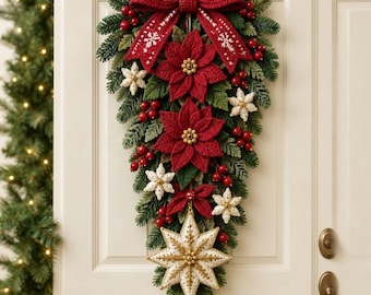 Crochet Poinsettia Door Hanger Pattern PDF, Christmas Wall Decor, Holiday Crochet Pattern