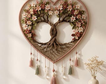 Crochet Tree of Life Wall Hanging Pattern PDF, Floral Heart Tree, Boho Home Decor