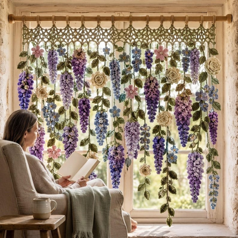 Wisteria Crochet Curtain Pattern PDF: Botanical Wall Hanging, Cottagecore Window Decor, Dimensional Floral Garland Download
