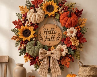 Crochet Fall Wreath Pattern PDF: Hello Fall Pumpkin & Sunflower Door Decor