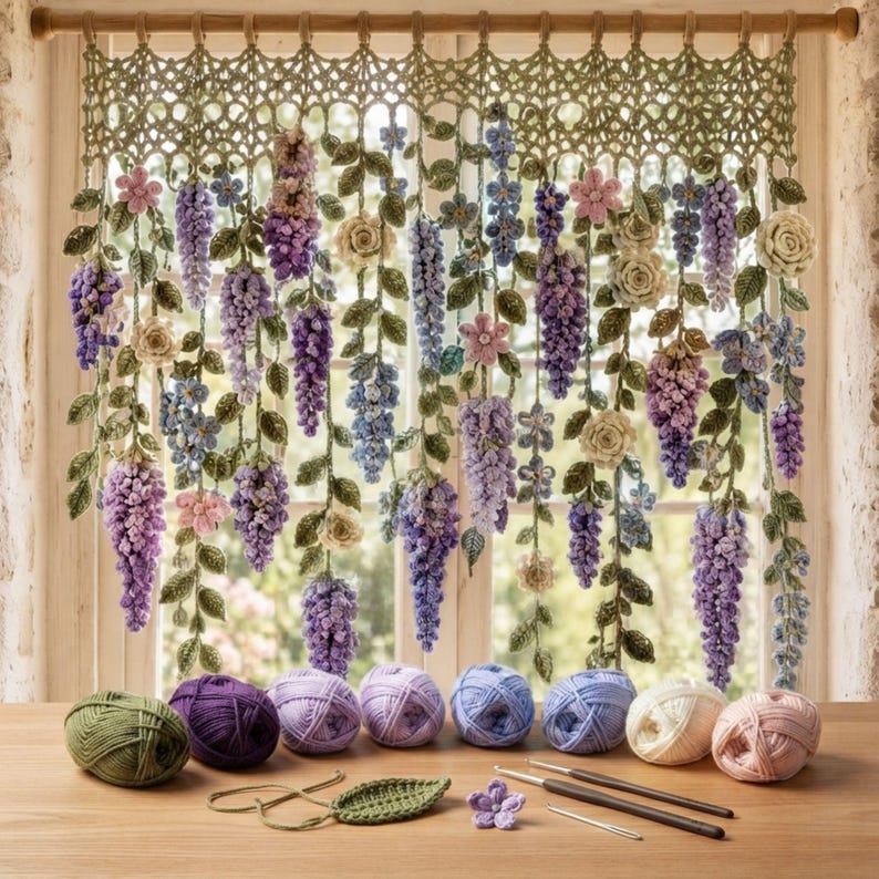 Wisteria Crochet Curtain Pattern PDF: Botanical Wall Hanging, Cottagecore Window Decor, Dimensional Floral Garland Download