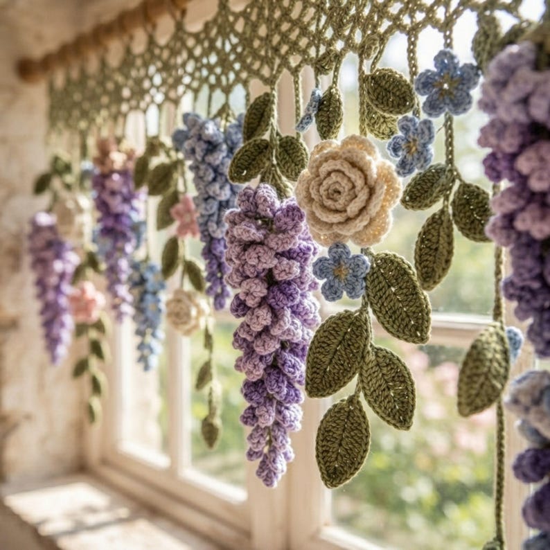 Wisteria Crochet Curtain Pattern PDF: Botanical Wall Hanging, Cottagecore Window Decor, Dimensional Floral Garland Download