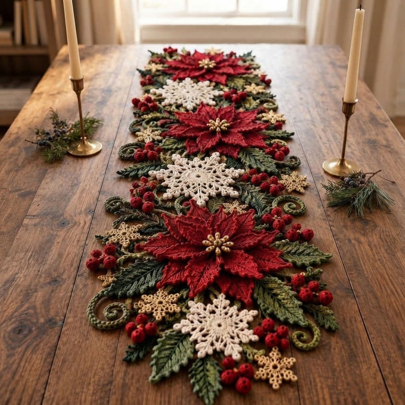 Poinsettia Snowflake Table Runner Crochet Pattern PDF, 3D Christmas ...