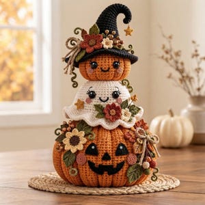 Può includere: Una decorazione all'uncinetto impilata composta da una grande zucca arancione alla base, un fantasma bianco al centro e una piccola zucca arancione con un cappello da strega nero in cima. Il tutto è decorato con fiori, foglie e stelline all'uncinetto.