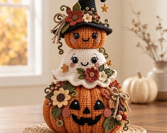 Halloween Crochet Pattern PDF, Pumpkin Ghost Stack with Witch Hat, Fall Decor Amigurumi