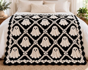 Ghost Crochet Blanket Pattern PDF, Halloween Throw with Appliqué Ghosts and Raised Lattice