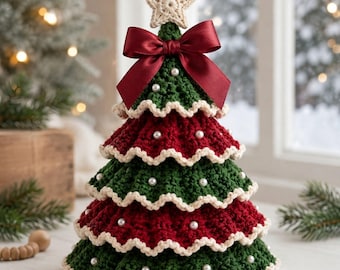 Crochet Christmas Tree Pattern PDF, Five-Tier Ruffled Tabletop Holiday Decor