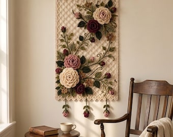 Crochet Rose Trellis Wall Hanging Pattern PDF, Botanical Cottagecore Decor, Dimensional Flowers, Detailed Intermediate Tutorial