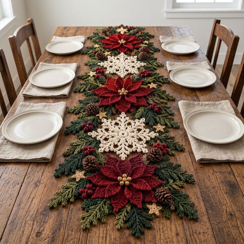 Poinsettia Snowflake Table Runner Crochet Pattern PDF, 3D Christmas ...