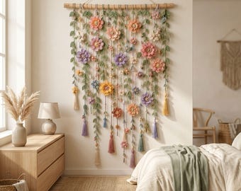 Boho Crochet Flower Wall Hanging Pattern PDF, Cascading Botanical Home Decor