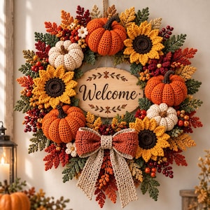 Könnte beinhalten: Ein runder Häkelkranz mit orangefarbenen und weißen Kürbissen, gelben Sonnenblumen, roten Beeren und herbstlich gefärbten Blättern. Ein zentrales ovales Holzschild zeigt das Wort Welcome in schwarzer Schrift, ergänzt durch eine große Schleife.