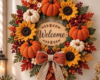 Crochet Autumn Wreath Pattern PDF, Pumpkin Sunflower Fall Door Decor