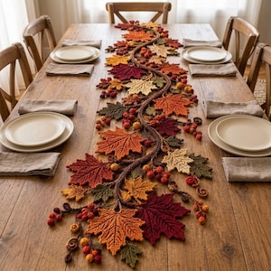 Autumn Leaf Table Runner Crochet Pattern PDF, 3D Maple Leaves, Acorn Berry Woodland Vine, Thanksgiving Table Decor