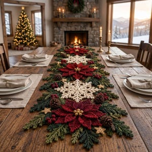 May include: A long, decorative Christmas table runner featuring crocheted red poinsettia flowers, white snowflake motifs, green pine branches, small pinecones, red berries, and tiny gold stars arranged in a repeating pattern on a wooden table.