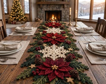 Poinsettia Snowflake Table Runner Crochet Pattern PDF, 3D Christmas Decor