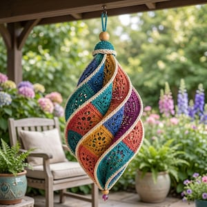 May include: A hanging spiral ornament crafted from multi-colored crochet granny squares in shades of blue, teal, orange, yellow, and purple. The structure features a central wooden bead at the top and a small purple bead at the bottom point.