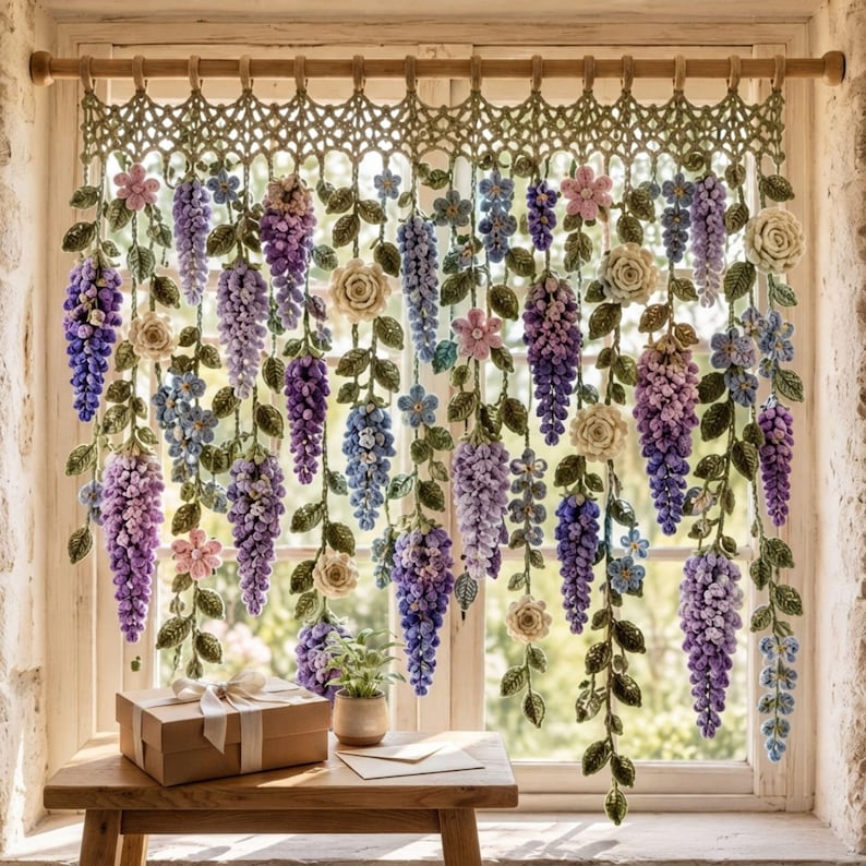 Wisteria Crochet Curtain Pattern PDF: Botanical Wall Hanging, Cottagecore Window Decor, Dimensional Floral Garland Download