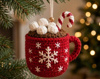 Hot Cocoa Mug Ornament Crochet Pattern PDF, Christmas Tree Decor with Marshmallows