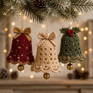 May include: Three crocheted bell ornaments hanging from a pine branch. The left bell is dark red with gold accents, the center is cream, and the right is green with red holly berries. Each bell features a small gold clapper and a decorative bow.