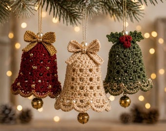 Crochet Christmas Bell Ornament Pattern PDF, Vintage Set of 3 with Bow and Holly