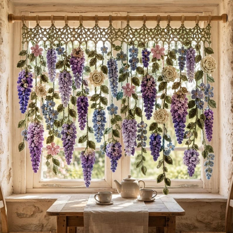 Wisteria Crochet Curtain Pattern PDF: Botanical Wall Hanging, Cottagecore Window Decor, Dimensional Floral Garland Download