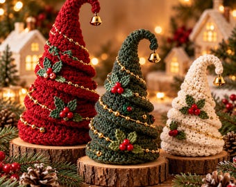 Puede incluir: Tres árboles de Navidad de ganchillo en forma de cono en rojo, verde oscuro y crema. Cada árbol presenta una punta curvada con una pequeña campana dorada, una guirnalda de cuentas doradas y hojas de acebo tejidas con bayas rojas.