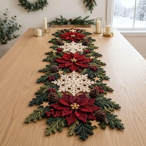 Poinsettia Snowflake Table Runner Crochet Pattern PDF, 3D Christmas ...