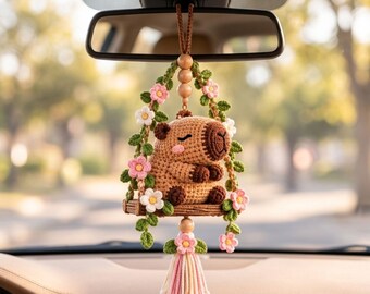 Capybara Car Hanger Crochet Pattern, Floral Swing Amigurumi PDF, Rearview Mirror Charm