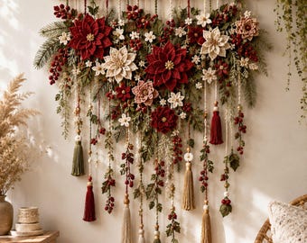 Crochet Christmas Floral Wall Hanging Pattern PDF: Poinsettia Holiday Decor