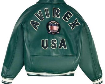 Avirex USA Icon Green Bomber Leather Jacket, Genuine Cowsoft Leather Coat, Stylish  Fashion