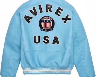 Avirex USA Sky Blue Icon Jacket, Men’s Military Bomber Style Coat, Vintage Streetwear Jacket