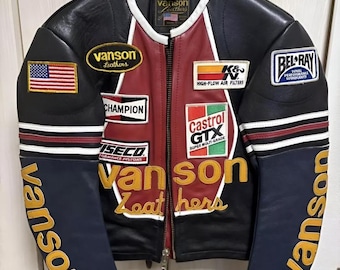 Vanson Motorrad Lederjacke, echter Rindsleder Racing Mantel mit Patches, Motorradjacke