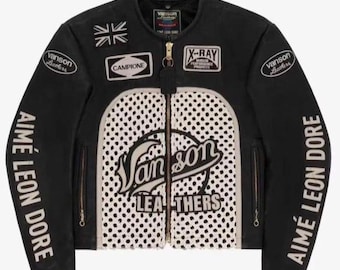Aime Leon Dore Leather Café Racer Jacket Black White Motorcycle