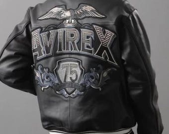 AVIREX USA Schwarze Leder Bomberjacke, Militärstil Fliegerjacke