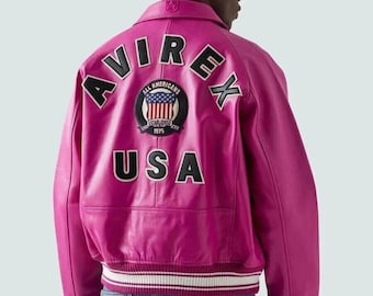 AVIREX USA Edition Icon Jacket, Berry Pink Genuine Cowsoft Leather, Military Bomber Jacket