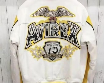 Avirex 75 Leather Jacket White Yellow, Aviator Wings Biker Racing Jacket Men