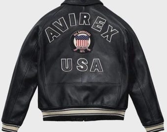 Chaqueta bomber de cuero negro AVIREX USA Edition, abrigo de cuero genuino de vaca, estilo de moda para exteriores
