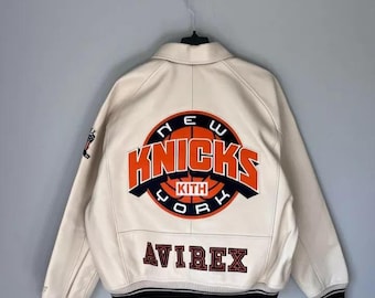 Chaqueta de cuero Avirex Knicks Bomber, piel auténtica de vaca, estilo universitario.