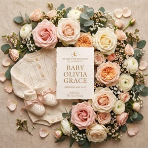 May include: A cream-colored knit baby romper and matching booties surrounded by a wreath of pink, peach, and white roses with eucalyptus leaves. A central card reads: WE ARE OVER THE MOON TO INTRODUCE BABY OLIVIA GRACE ARRIVING MAY 202X With Love, The Davis Family.