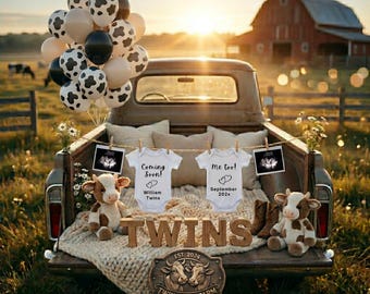 Annuncio modificabile di gravidanza gemellare Highland Cow Field Baby Reveal Western Twins Social Media