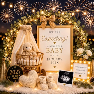 Può includere: Una scena di annuncio di gravidanza con un cartello che recita "Aspettiamo! Un bambino di Capodanno in arrivo a gennaio 202X". Include una culla con un coniglietto di peluche, scarpine e una foto dell'ecografia. Fuochi d'artificio e luci.