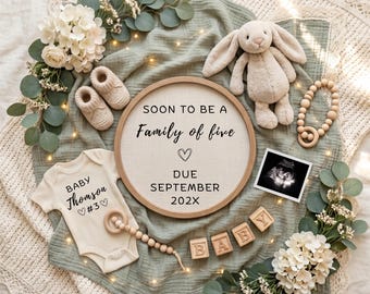 Third Baby Pregnancy Announcement, Boho Family of Five, Editable Template (Digital Download)