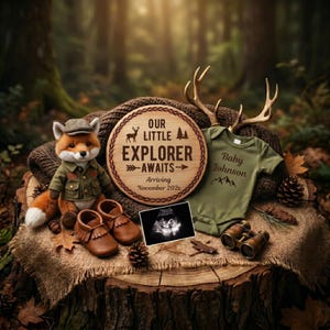 May include: A plush fox wearing a cap and vest, a round wooden sign reading Our Little Explorer Awaits Arriving November 202x, a green baby bodysuit with Baby Johnson and mountain graphics, brown leather moccasins, binoculars, and an ultrasound.