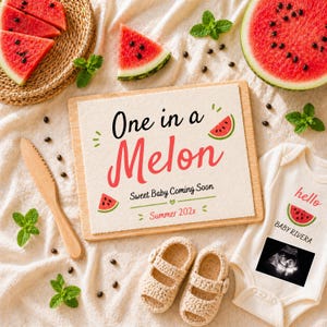 May include: A wooden sign with the text One in a Melon, Sweet Baby Coming Soon, and Summer 202x, accompanied by a white baby bodysuit with a sonogram, beige crochet baby shoes, a wooden knife, watermelon slices, and mint leaves.