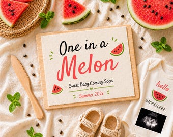 Vorlage für eine Baby-Verkündung im Melonen-Stil | Sommerliche Schwangerschaftsankündigung im Wassermelonen-Look | Bearbeitbare Boho-Canva-Vorlage