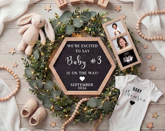 Faire-part de grossesse bohème pour le troisième bébé, bébé numéro 3, modèle modifiable pour frères et sœurs (numérique)