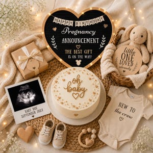 May include: A heart-shaped black felt letter board with white text reading HAPPY BIRTHDAY PREGNANCY ANNOUNCEMENT THE BEST GIFT IS ON THE WAY, a white cake with oh baby topper, a beige onesie, baby shoes, a plush rabbit, and an ultrasound photo.