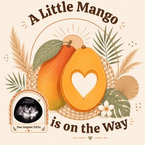 Mango Baby Reveal Template | Editable Summer Pregnancy Announcement | Tropical Neutral Boho Design