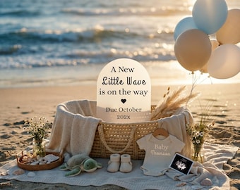 Pregnancy Announcement Digital Template Summer Beach, Gender Neutral Baby Reveal